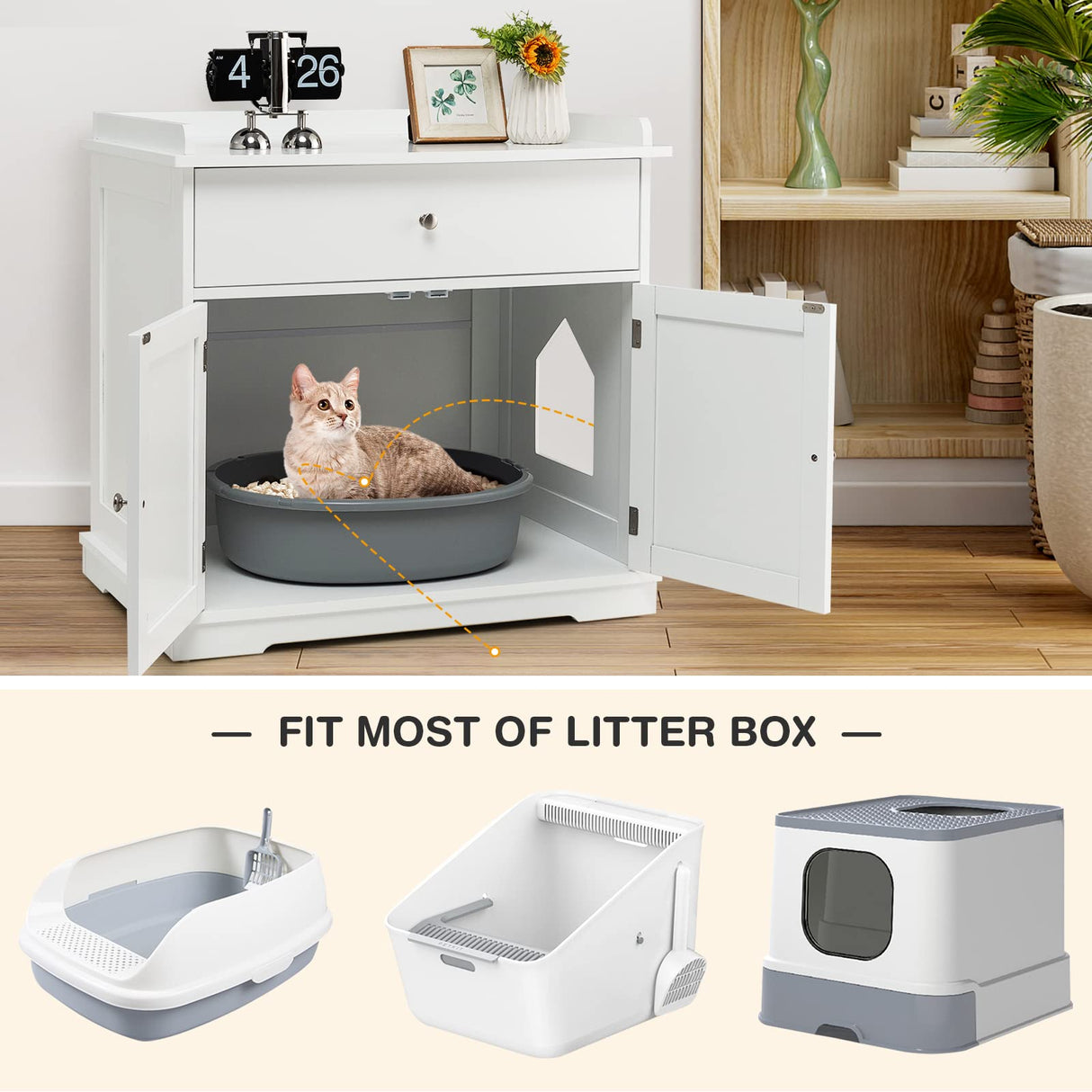 Tangkula Litter Box Enclosure, Cat Litter Box Furniture Hidden with Large Drawer, 2 Doors, Indoor Cat Washroom Storage Bench Side Table Cat House, Large Wooden Enclosed Litter Box Cabinet (White) Tangkula