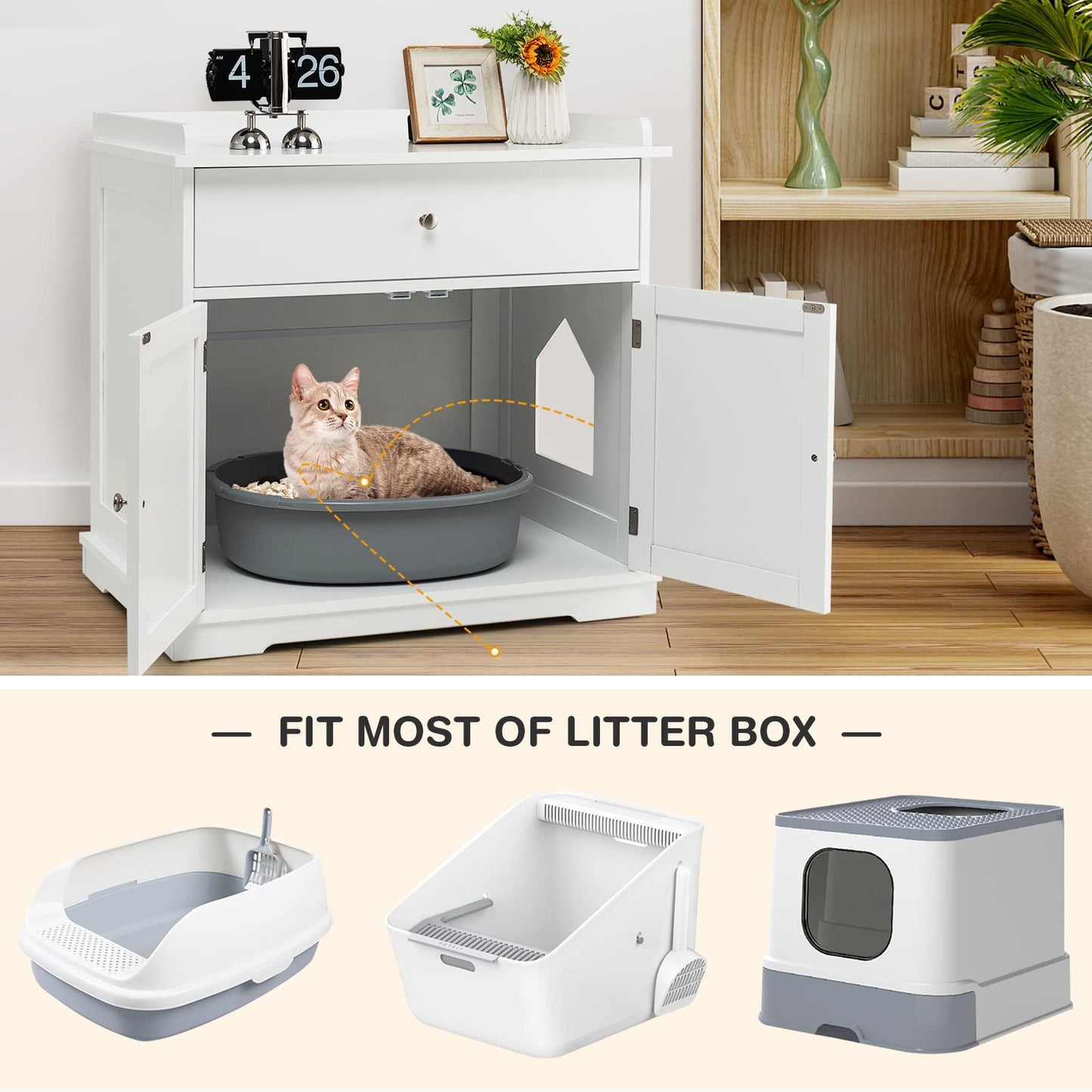 Tangkula Litter Box Enclosure, Cat Litter Box Furniture Hidden with Large Drawer, 2 Doors, Indoor Cat Washroom Storage Bench Side Table Cat House, Large Wooden Enclosed Litter Box Cabinet (Wh - WoodArtSupply