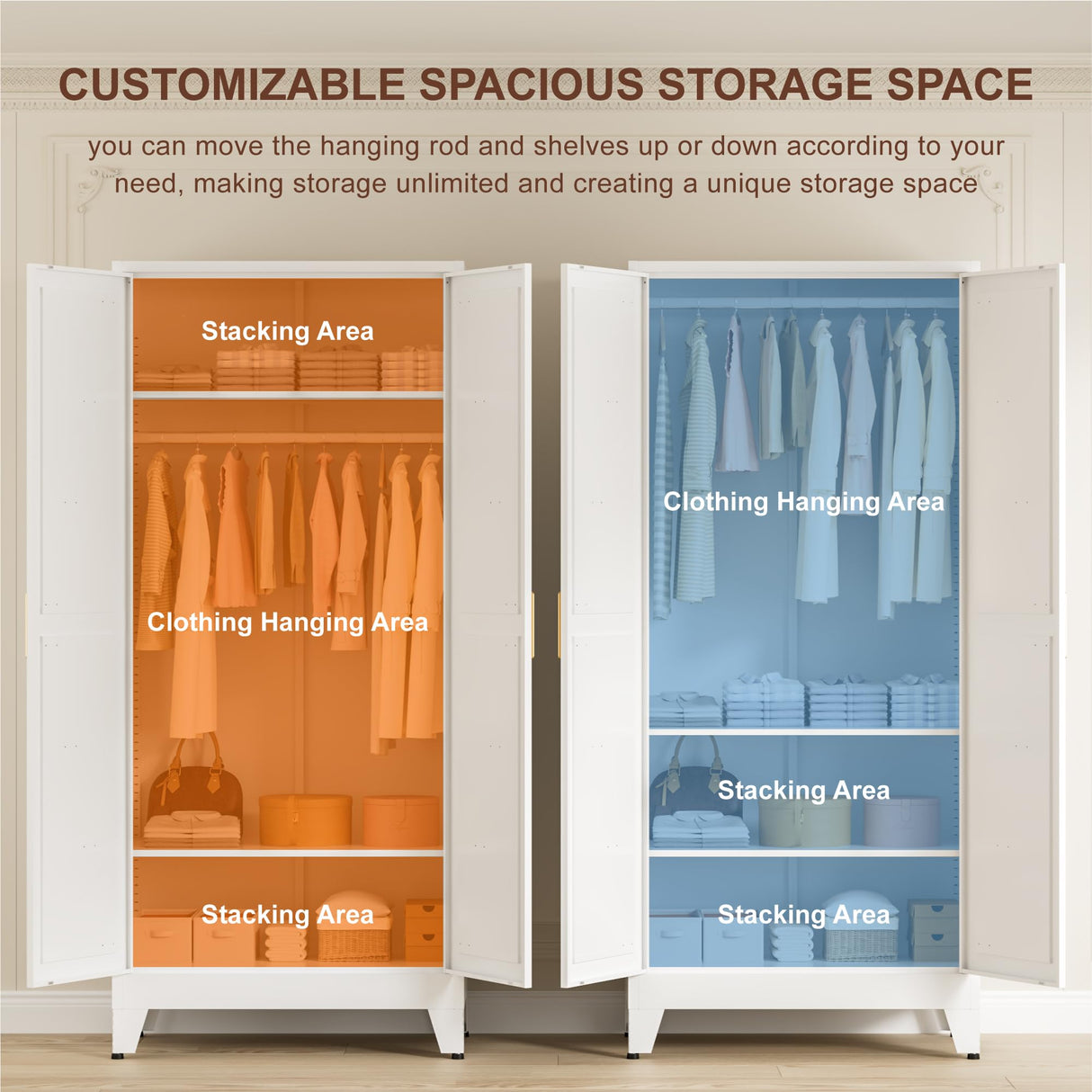 LCAOPC 71" Tall Metal Wardrobe Closet with Adjustable Shelves and Hanging Rod, 2 Doors Free Standing Armoire Wardrobe Cabinet for Bedroom, Office, Laundry Room, White LCAOPC