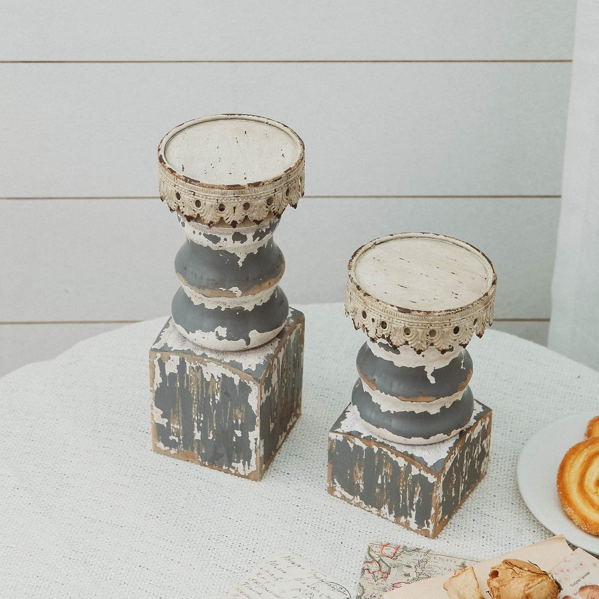 NIKKY HOME Farmhouse Pillar Candle Holder Set of 2 - Rustic Wood Decorative Candlesticks Pedestal, Centerpieces Decor for Fireplace Mantle Coffee Bar Dining Table, Distressed Grey NIKKY HOME