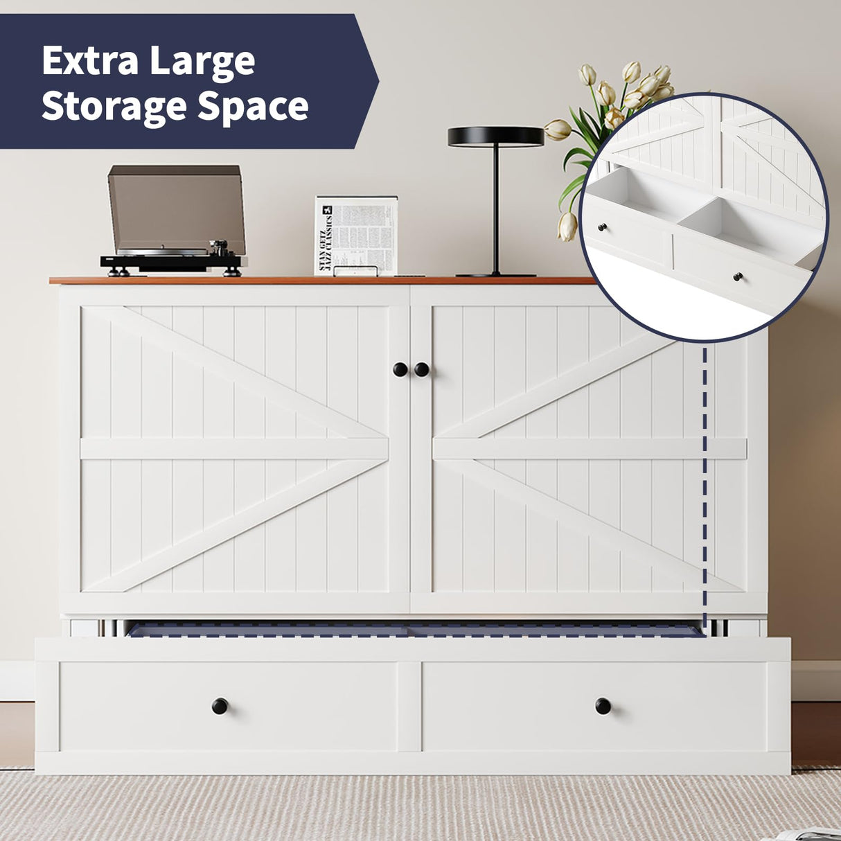 ZAFLY Murphy Bed Full Size, Cabinet Bed with Tri-Folding Mattress & USB Charging Station & Storage Drawers, Modern Multifunctional Cabinet Murphy Beds, Saving Spaces Hidden Guest Beds - White ZAFLY