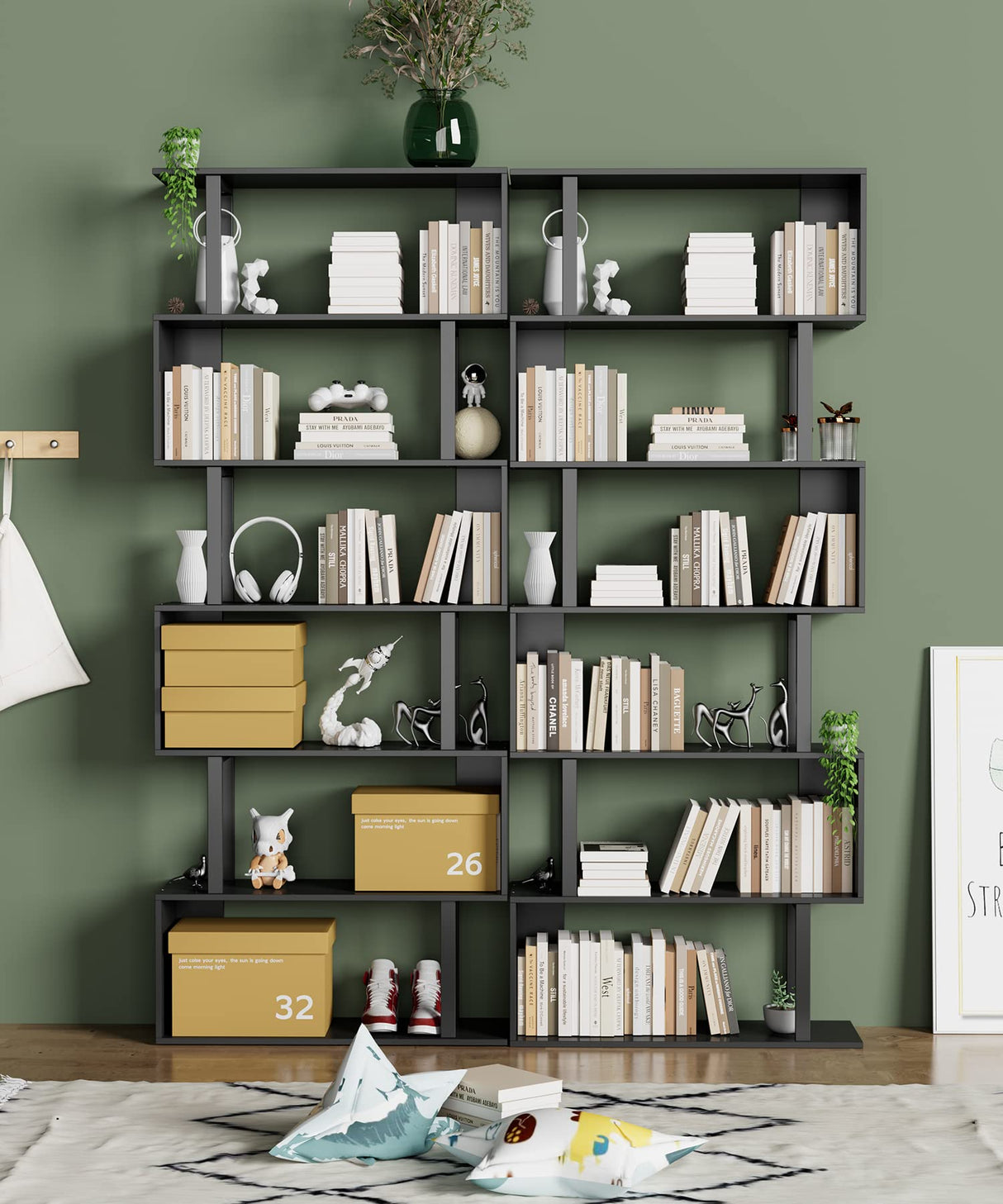 Gadroad 6 Tier Geometric Bookcase, Black Book Shelves, Modern Corner Bookcase Storage Shelf Wood for Bedroom, Living Room, Home Office, Black Gadroad