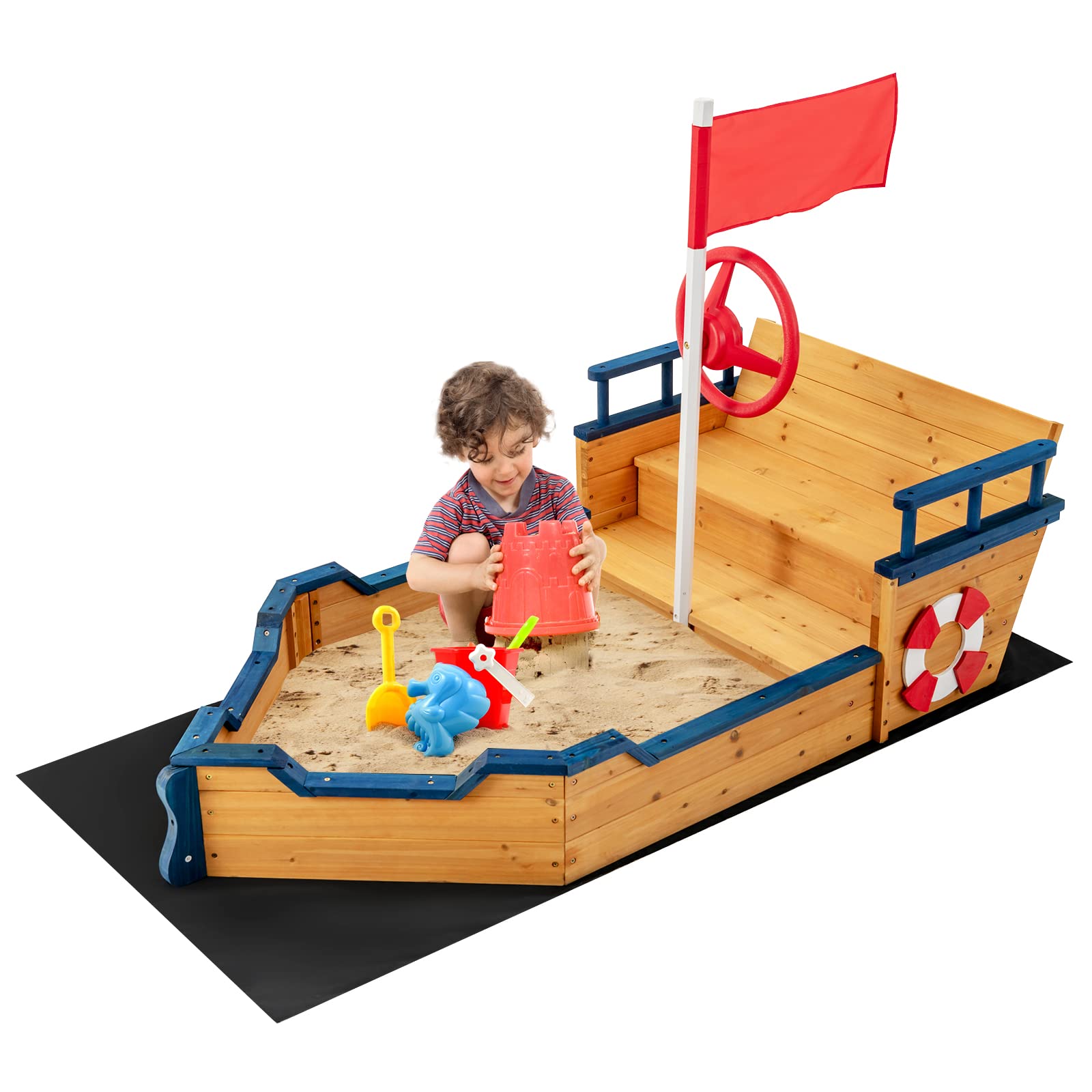 Costzon Pirate Boat Wood Sandbox for Kids, Wooden Pirate Sandpit w/Bench Seat, Storage Space, Ground Liner, Realistic Flag Rudder Buoy, Children Outdoor Playset for Backyard, Home, Lawn, Gard - WoodArtSupply