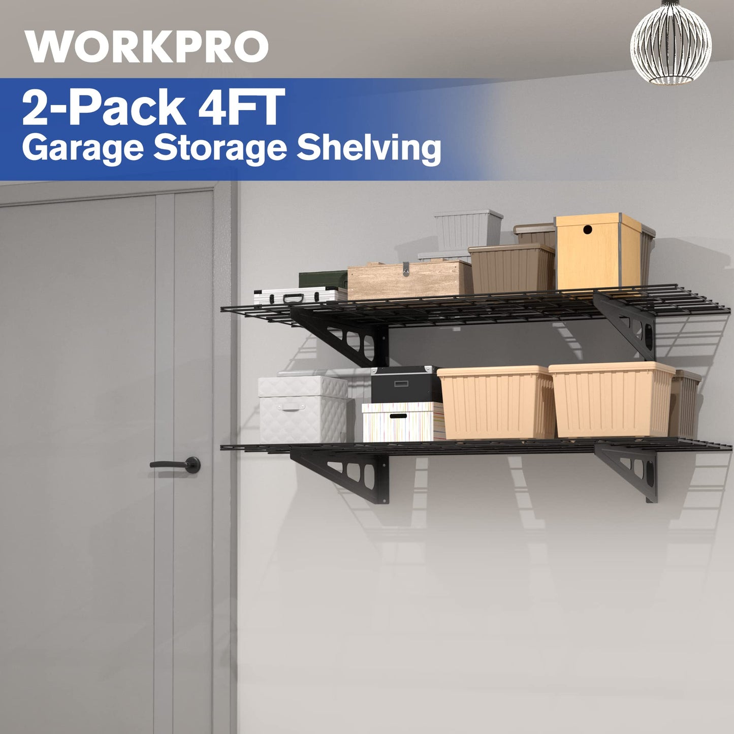 WORKPRO 2-Pack 2x4FT Garage Wall Shelving, 48” x 24” Heavy Duty Wall Mounted Shelving, 400lbs Load Capacity (Total), Metal Wall Shelves Suitable for Shop, Shed, Garage Storage, Black, 1 Sets