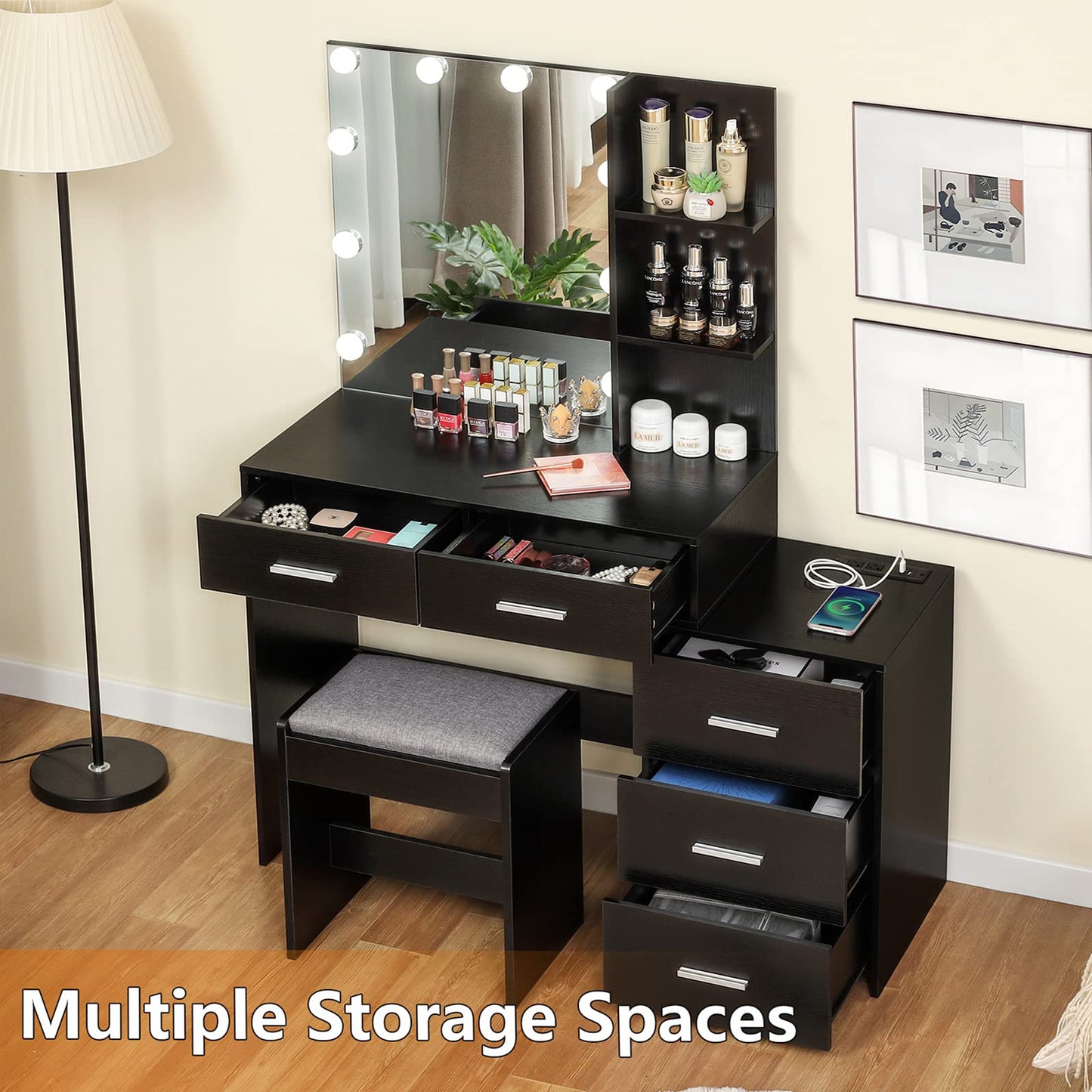 usikey Large Vanity Desk with Mirror & 10 LED Lights, Makeup Vanity Dressing Table with Power Strip, Storage Shelves & 5 Drawers, Vanity Table Set with Cushioned Stool for Women Girls, Black - WoodArtSupply