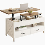 Marsail 40" Lift Top Coffee Table, 4 in 1 Coffee Table with Hidden Compartment, 1 Open Shelf and 2 Drawers, Multifunctional Farmhouse Center Table for Living Room and Home Office, Brown and White Marsail