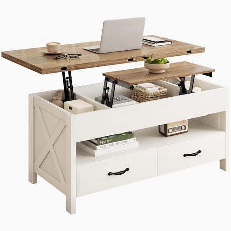 Marsail 40" Lift Top Coffee Table, 4 in 1 Coffee Table with Hidden Compartment, 1 Open Shelf and 2 Drawers, Multifunctional Farmhouse Center Table for Living Room and Home Office, Brown and White Marsail