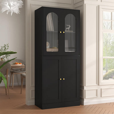 BOMETAO 71" Tall Kitchen Pantry Cabinet, Kitchen Storage Cabinet with Glass Doors and Adjustable Shelves, Wood Food Pantry Cabinet, Freestanding Cupboard for Kitchen, Dining Room, Black