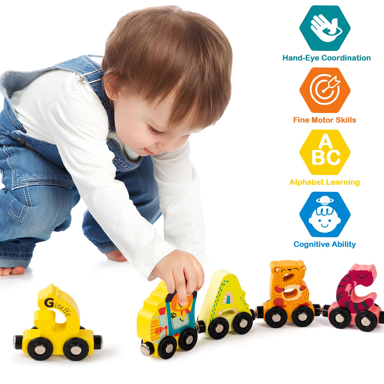 Atoylink Wooden Train Set for Toddler Toys Aged 3-5, 27 Pcs Large Magnetic Alphabet Animals ABC Learning Train Toy Kids Educational Montessori Toys for 3 4 5 Year Old Boys Girls Birthday Gift - WoodArtSupply