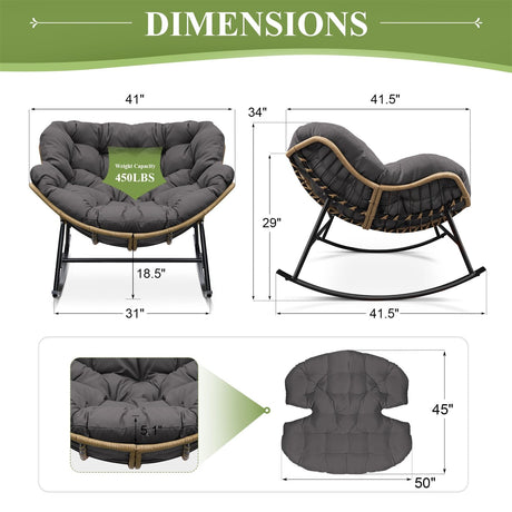 FINCATI Indoor Outdoor Papasan Rocking Chairs,Modern Large Reading Lounge Chair with Cushion,Rattan Royal Egg Chair for Bedroom Living Room Porch Garden(Dark Gray) FINCATI