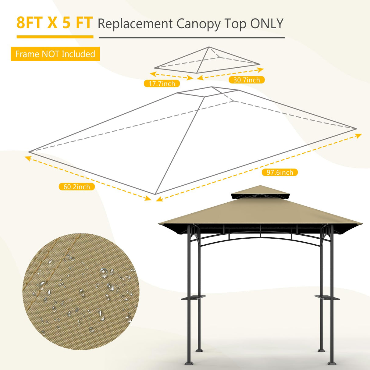 OIPUNSHLE Grill Gazebo Replacement Canopy Top, 5'x8' Gazebo Roof Top Double Tiered Replacement Canopy Roof, Grill Shelter Cover Roof Fit for Gazebo Model L-GG001PST-F (Khaki) OIPUNSHLE
