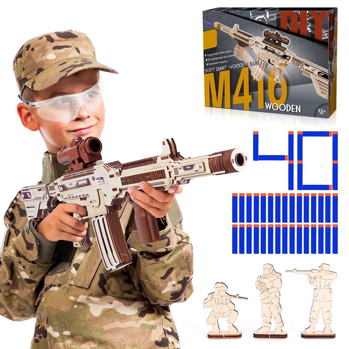 VATOS Wooden Gun Puzzles, 3D Wooden Puzzles Gun for Adult with Foam Soft Bullet, Electric Wooden M416 Model Rifle Puzzle Toy Guns, Wood Puzzles DIY Building Kits for Adult Christmas Birthday Gift VATOS