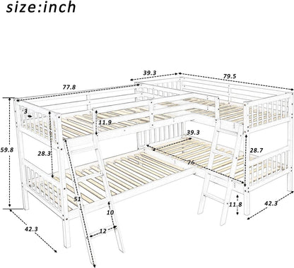 MERITLINE L-Shaped Quad Bunk Bed, Four Bunk Bed Twin Over Twin with Angle Ladder,Wooden Corner 4 Bed Bunk Bed for Kids, Teens, Adults, No Box Spring Needed (Twin, Grey)