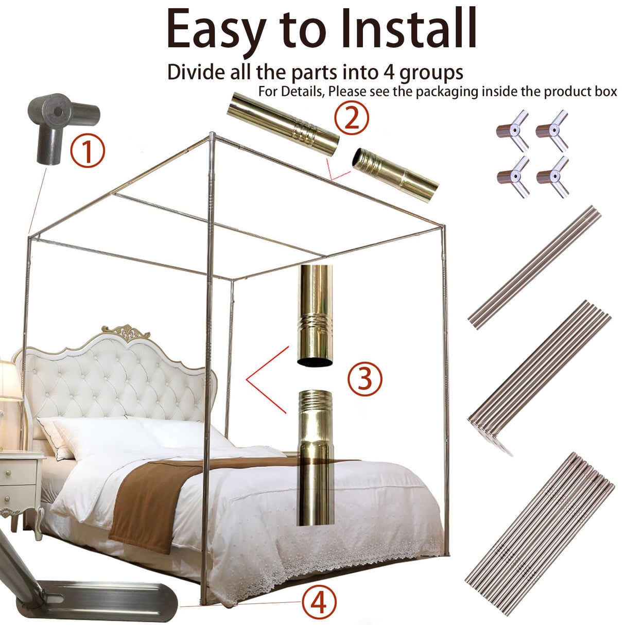 VELSKUD Canopy Bed Frame King, Stainless Steel Four Corner Bed Canopy Poles Mosquito Net Frame Bracket Fit for Metal Bed Wood Bed, Stainless Steel Canopy Bed Frame King Size VELSKUD