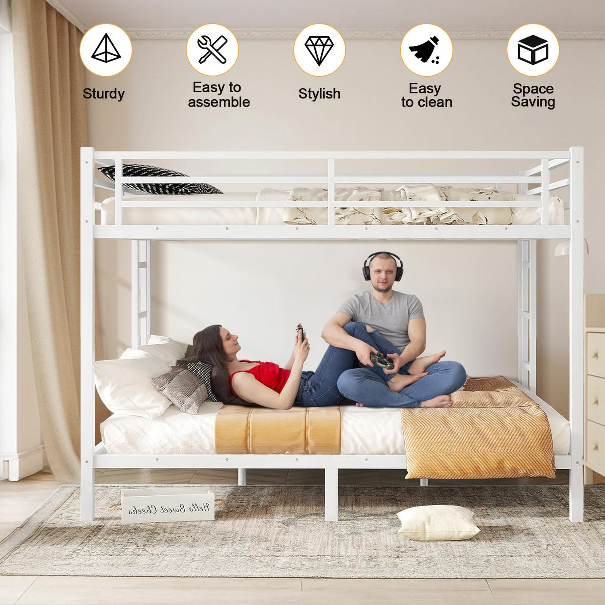 HKOLIE Queen Over Queen Bunk Bed, Metal Bunk Bed Frame Heavy Duty Bunk Beds Loft Bed Frame with Ladder and Guardrail Metal Slats No Box Spring Required for Adults Teens, White HKOLIE