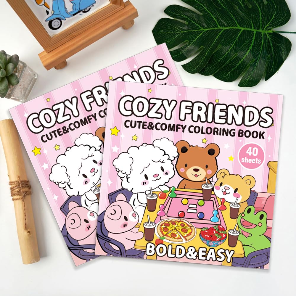 Cozy Friends: Coloring Book for Adults and Teens Featuring Super Cute Animal Characters with Easy and Simple Big Designs for Relaxation (Thick Lined Bold & Easy Coloring) Tesitehi