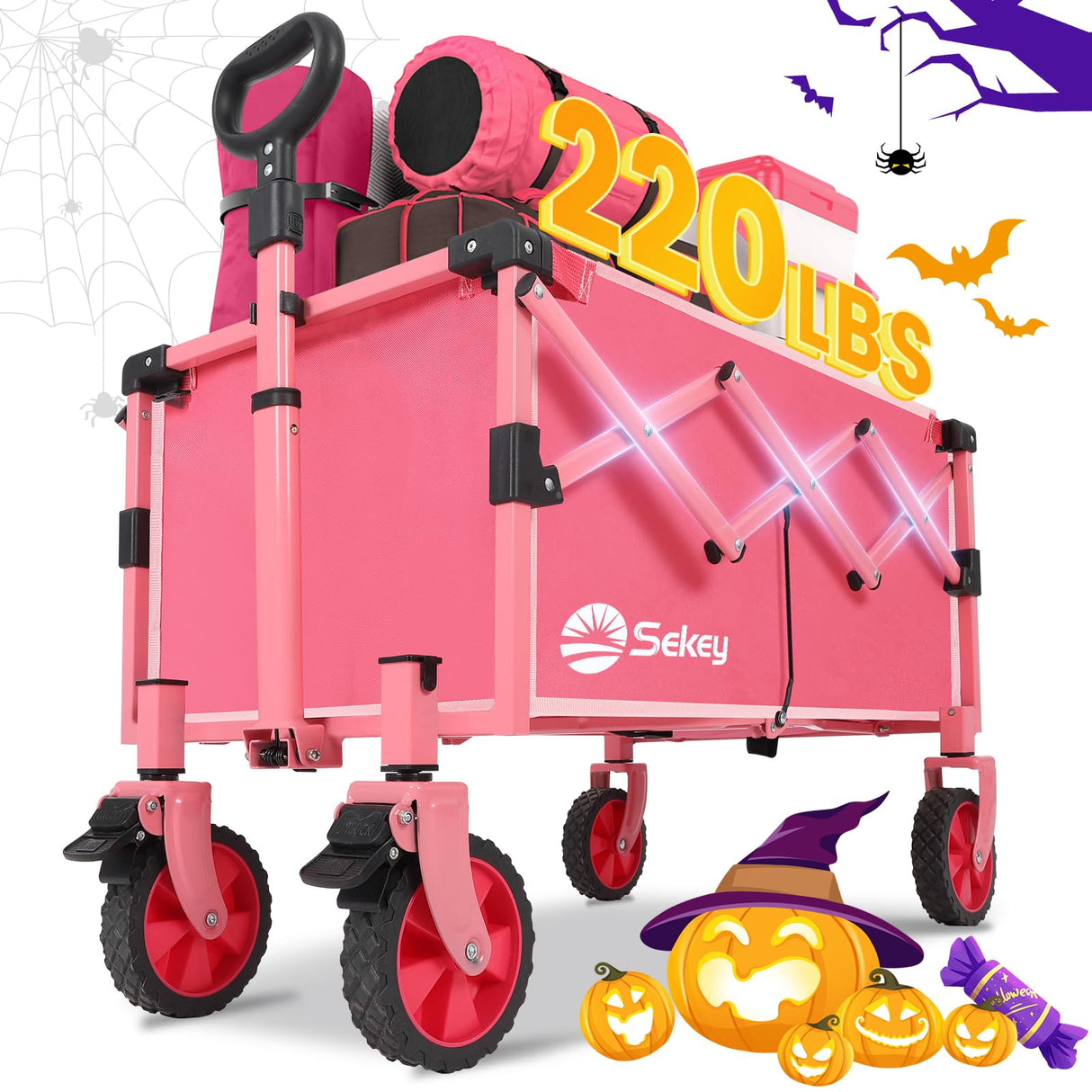 Sekey Collapsible Wagon Cart Foldable with 220LBS Weight Capacity, Lightweight Portable Folding Grocery Shopping Cart with Wheels for Camping Sports Beach and Shopping.Barbie Pink Sekey