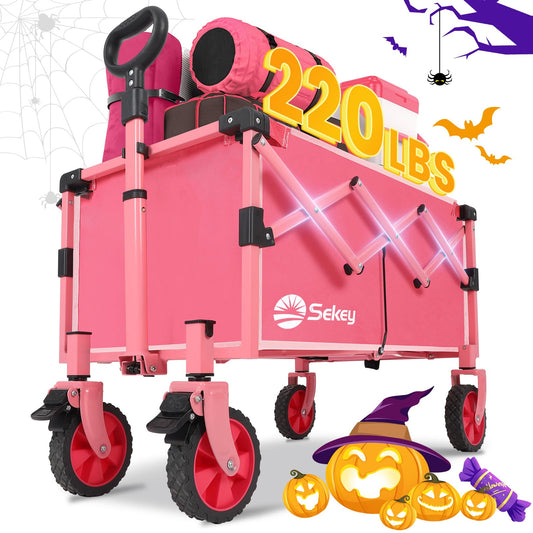 Sekey Collapsible Wagon Cart Foldable with 220LBS Weight Capacity, Lightweight Portable Folding Grocery Shopping Cart with Wheels for Camping Sports Beach and Shopping.Barbie Pink - WoodArtSupply