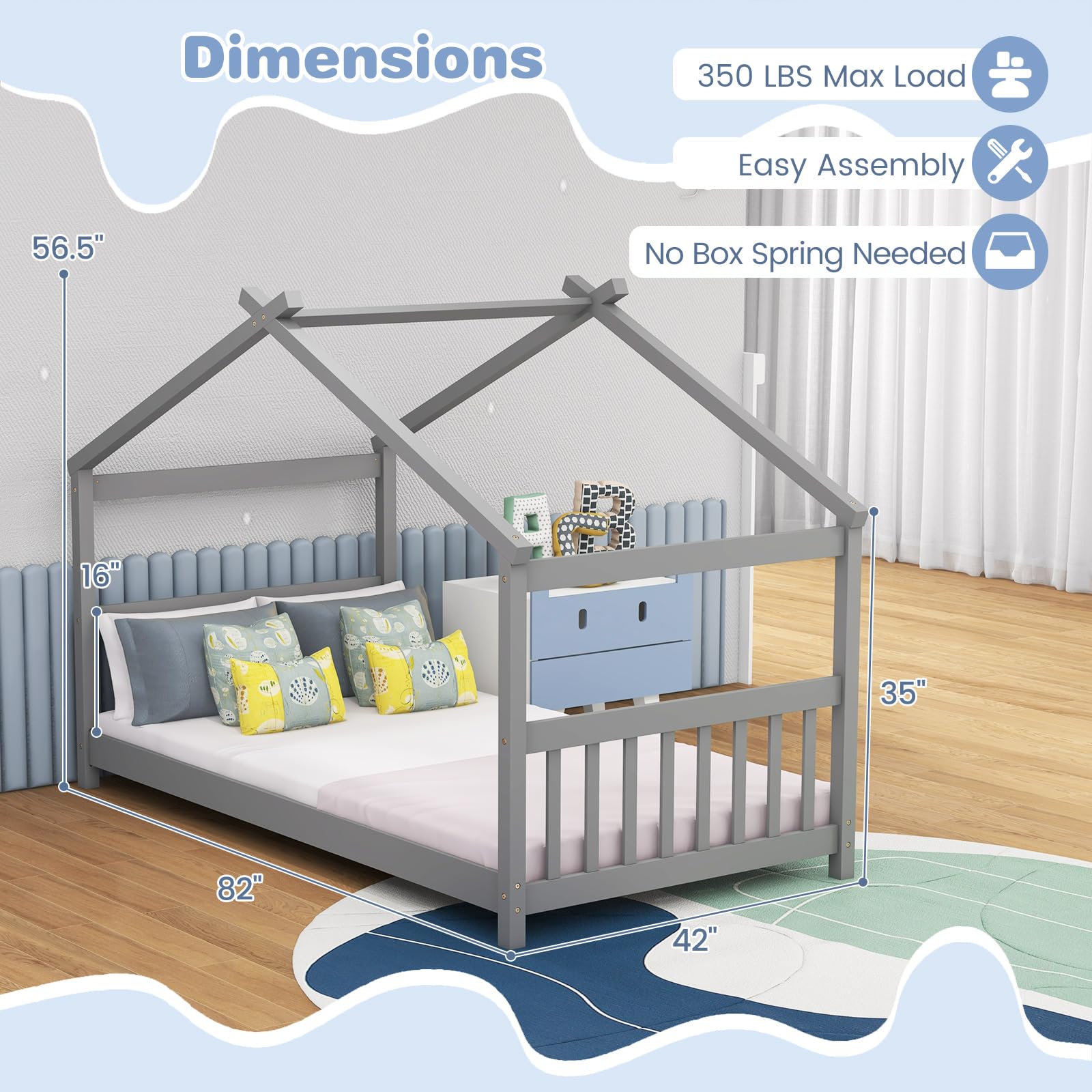 KOMFOTT Grey Twin House Bed Frame for Kids - Low Profile Montessori Tent Bed with Roof & Safety Design - WoodArtSupply