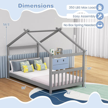 KOMFOTT Grey Twin House Bed Frame for Kids - Low Profile Montessori Tent Bed with Roof & Safety Design - WoodArtSupply