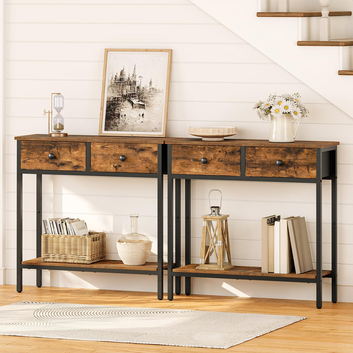 HOOBRO 29.5" Narrow Console Table with 2 Fabric Drawers, Small Entryway Table with 2-Tier Storage Shelves, Thin Sofa Table, Side Table, for Living Room, Hallway, Rustic Brown and Black BF71XG01 HOOBRO