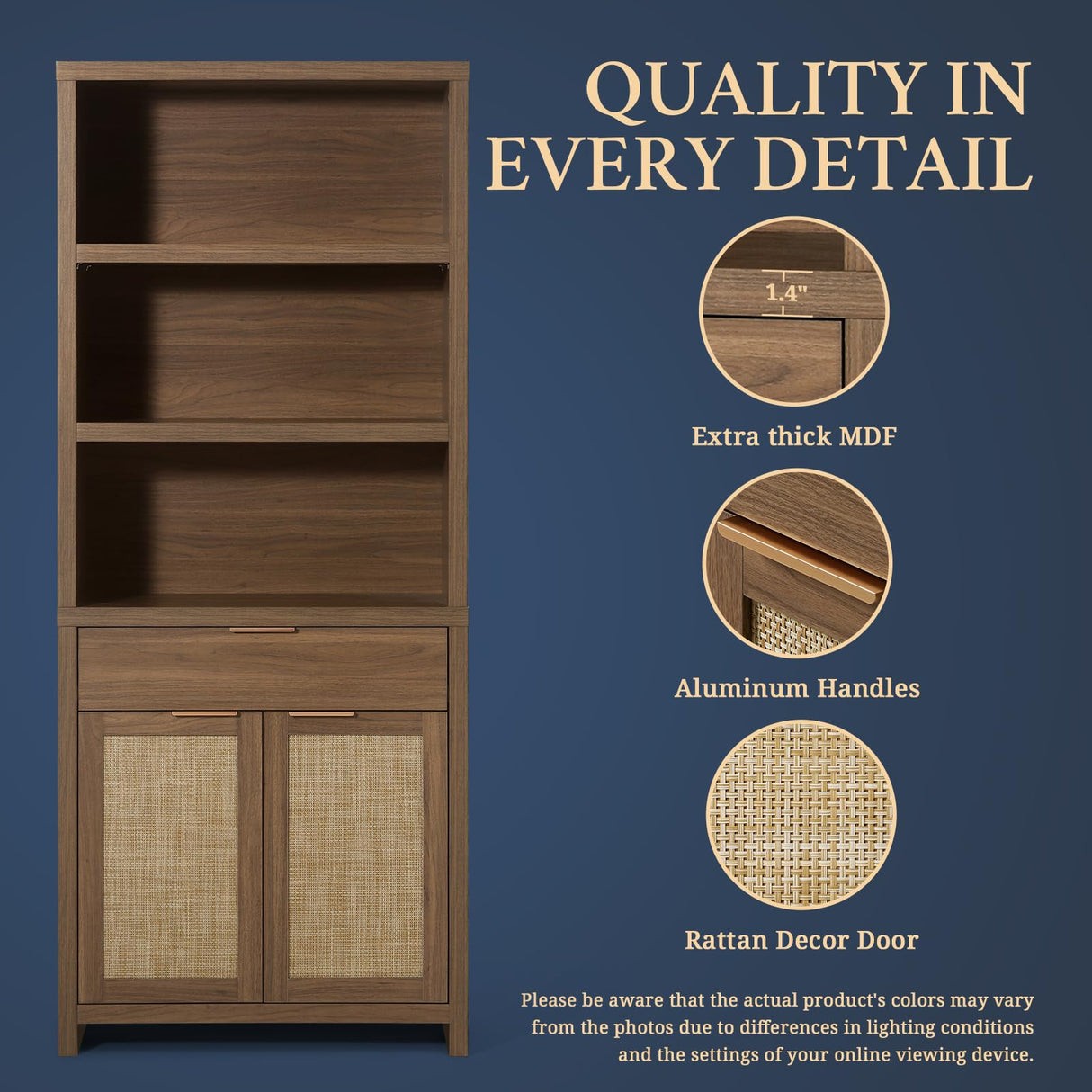 OAKHAM HOME Hampstead Bookcase, Rattan Bookcase with Doors Cabinet and Drawer, 5-Tier Bookshelf, Large Wooden Book Case, Tall Bookshelves for Library Living Room (Special Walnut, 2 Pieces) OAKHAM HOME