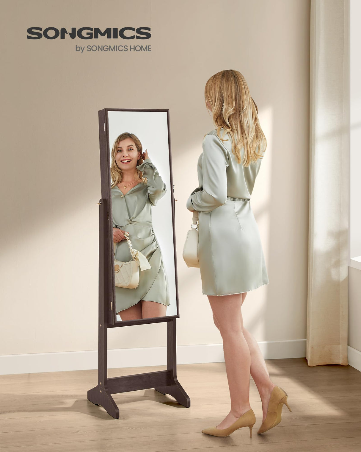 SONGMICS Mirror Jewelry Cabinet Armoire, Standing Full-Length Mirror, Lockable Jewelry Organizer, Gift Idea, Brown Surface and Black Lining UJJC69BR SONGMICS