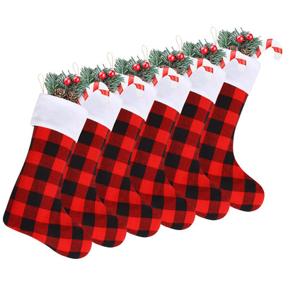 DIYASY Christmas Red Black Buffalo Plaid Stockings,6 Pack 18 Inches Large Plaid Stockings with Plush Cuff,Classic Christmas Stockings Decorations for Fireplace Hanging and Holiday Décor