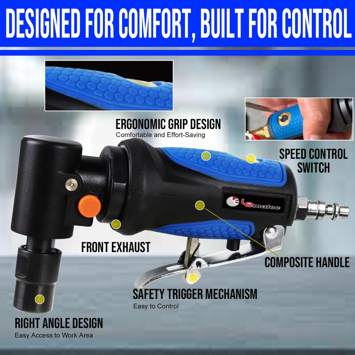 Air Grinder with Spindle Lock - 1/4" High Speed 18,000 RPM, Front Exhaust, Pneumatic Die Grinder for Automotive Detailing, Grinding, Deburring, and Polishing (LE-G1343L) Power Grinders LE LEMATEC