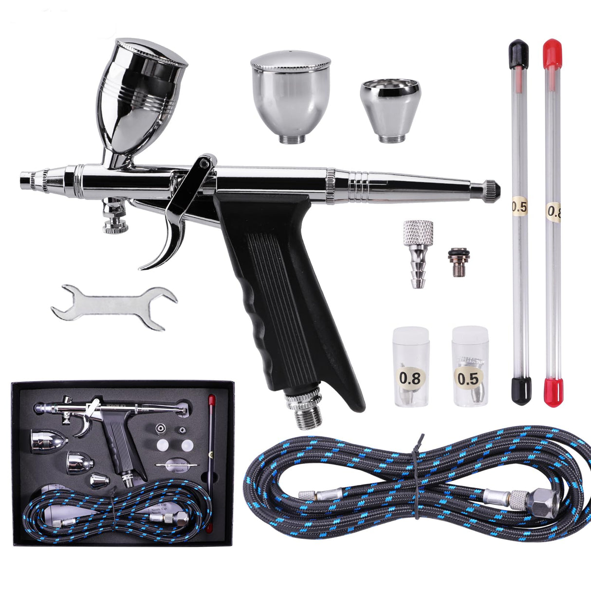 SAGUD Airbrush Gun Set Single Action Air Brush Pen 0.3mm with Extra 0.5 0.8 mm Needles,Airbrush Hose and 2CC/5CC/13CC Cup Kit SAGUD