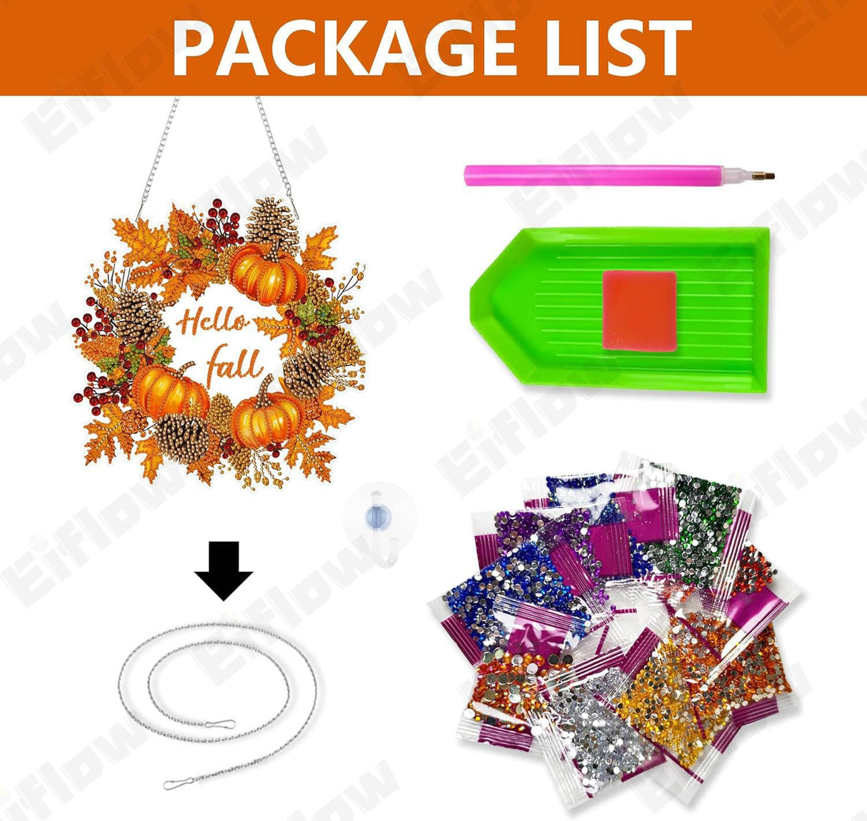 Eiflow Thanksgiving Diamond Art Hanging Kit for Adult Pumpkin Wreath, DIY Acrylic Diamonds Painting Ornament Double Sided Pendant Board Kit(Hello Fall) Eiflow