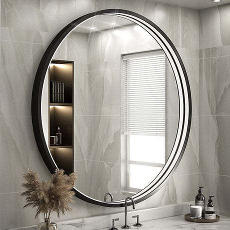 FTOTI 28 Inch LED Black Frame Round Mirror,Round Bathroom Mirror with Light,Anti-Fog & Dimmable Touch Switch, Waterproof IP54,90+ CRI FTOTI