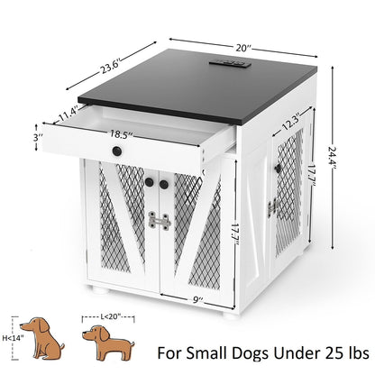 VOWNER Dog Crate Furniture, Wooden Dog Kennel End Table with USB Charging Station, Storage Drawer, Double Latched Door, Furniture-Style Crate Side Table for Small Dogs Under 25 lbs Indoor Use - WoodArtSupply