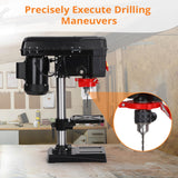 8 Inch Benchtop Drill Press, 2.5Amp Benchtop Drill Machine, 5 Speed Adjustable, Swing Distance 0-45° Tiltling Tabletop Drilling Machine for Wood, Metal PioneerWorks