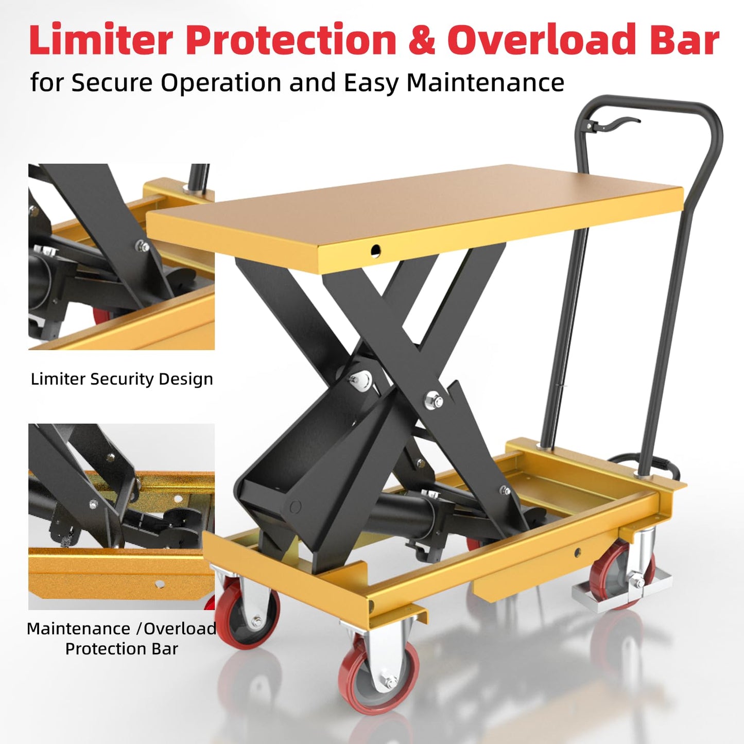 ZKH Hydraulic Lift Cart, 2200lb Capacity, 38" Max Lifting Height, Single Scissors Lift Table with Locking Wheels and Overload Bar for Safe Operations, Ideal for Material Handling and Freight Lifting