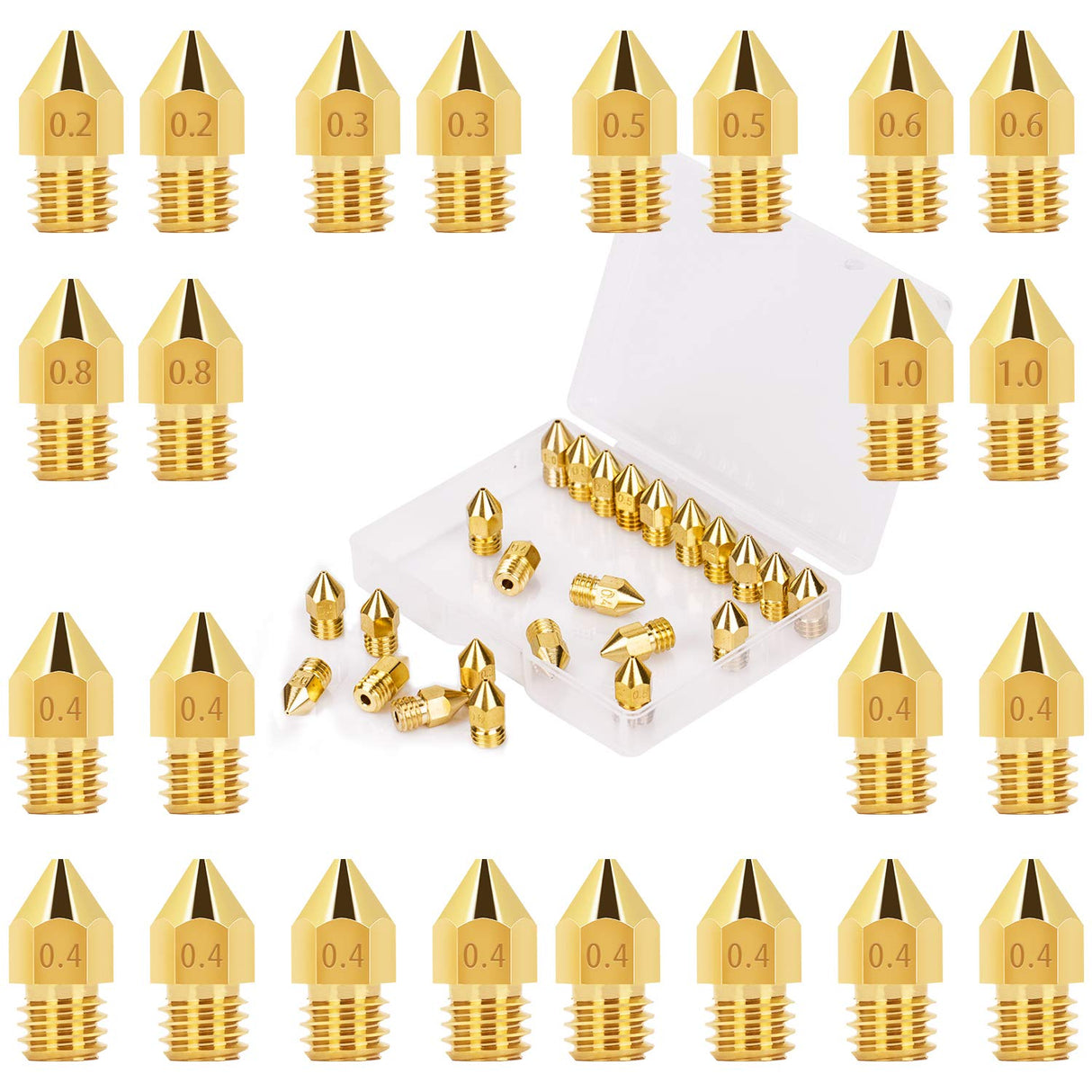 LUTER 24PCS Extruder Nozzles 3D Printer Nozzles for MK8 0.2mm, 0.3mm, 0.4mm, 0.5mm, 0.6mm, 0.8mm, 1.0mm with Free Storage Box for Makerbot Creality CR-10 Ender 3 5 LUTER