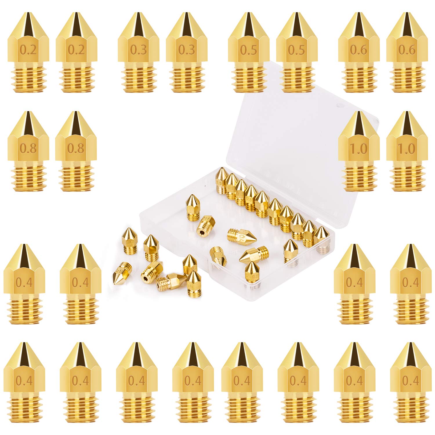 LUTER 24PCS Extruder Nozzles 3D Printer Nozzles for MK8 0.2mm, 0.3mm, 0.4mm, 0.5mm, 0.6mm, 0.8mm, 1.0mm with Free Storage Box for Makerbot Creality CR-10 Ender 3 5 - WoodArtSupply