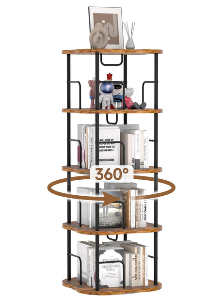 TEROL 4-Tier Rotating Book Shelf, 360° Display Spinning Bookshelf Tower, Book Organizer, Floor Standing Bookcases for Small Space, Corner Book Shelf for Bedroom, Living Room, Study Room (RUSTIC BROWN) TEROL