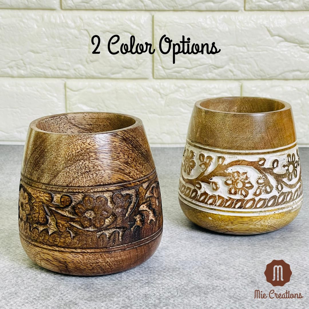 Mie Creations Designer Pencil Holder for Desk Wood | Wooden Pen Stand, Paintbrush Cup, Desk Accessories, Cute Make Up Brush Organizers | Office Desktop Stationery, Mothers Day Gift for Mom- 4'' Brown Mie Creations