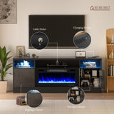 Kucreiheat 70'' TV Stand with 36'' Fireplace-LED Light Entertainment Center for 75+ inch TV-Black TV Cabinet with Storage, Modern TV Console for Living Room Kucreiheat