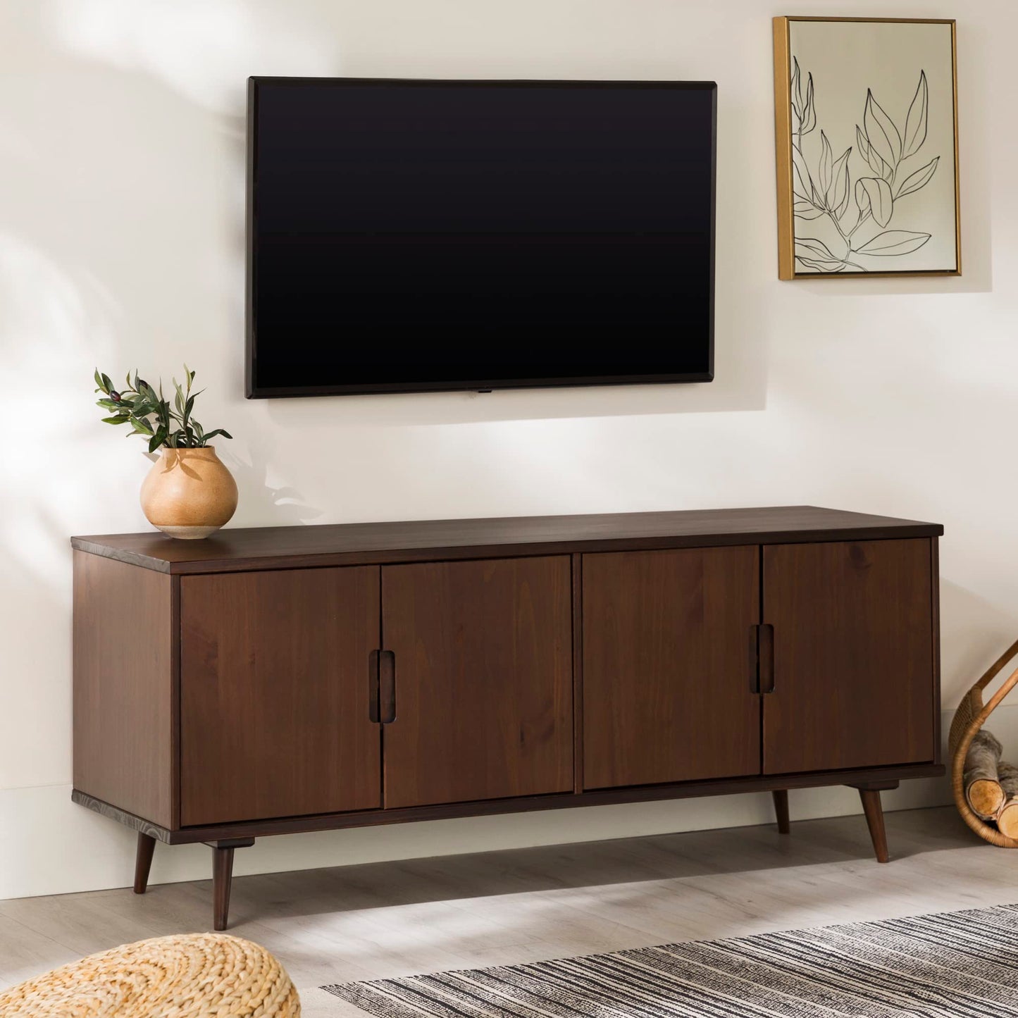 Walker Edison Genia Mid-Century Modern Solid Wood Stand for TVs up to 65 Inches, Walnut - WoodArtSupply