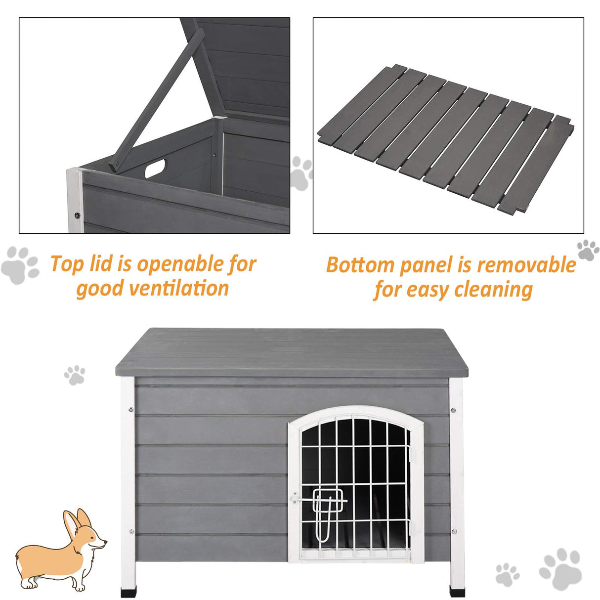 PawHut 31" L Wooden Decorative Dog Cage Kennel Wire Door with Lock Small Animal House with Openable Top Removable Bottom Grey Aosom