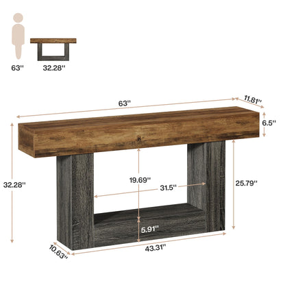 Tribesigns 63-Inch Long Console Table, 2-Tier Entryway Table Sofa Table with Storage, Farmhouse Wood Behind Couch Table for Living Room, Hallway, Rustic Brown & Gray