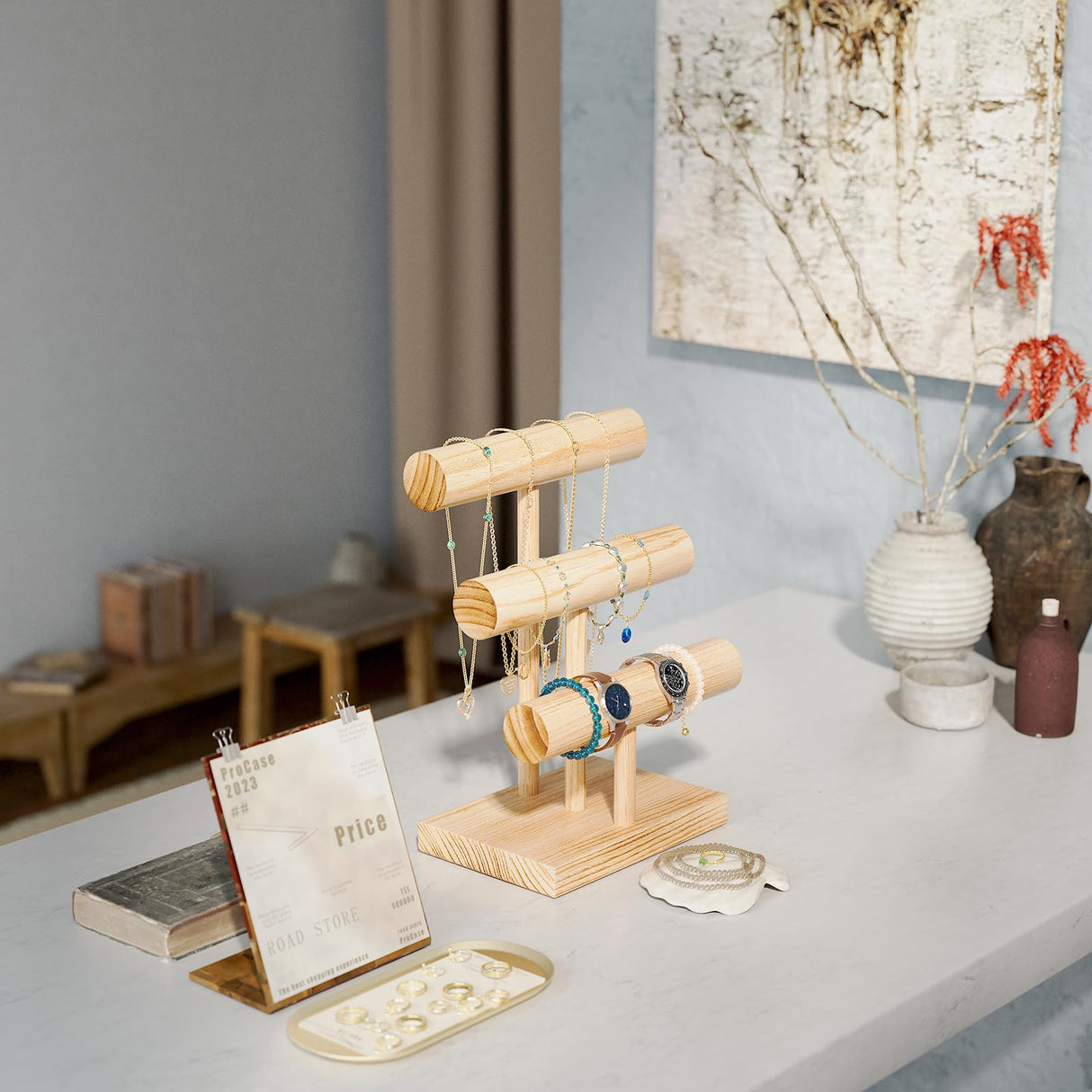 ProCase Bracelet Holder Display Bracelet Organizer, Wooden Bracelet Stand for Selling, T-bar Bangle Storage Rack Wood Watch Display Tower for Business - 3 Tier, Nature ProCase