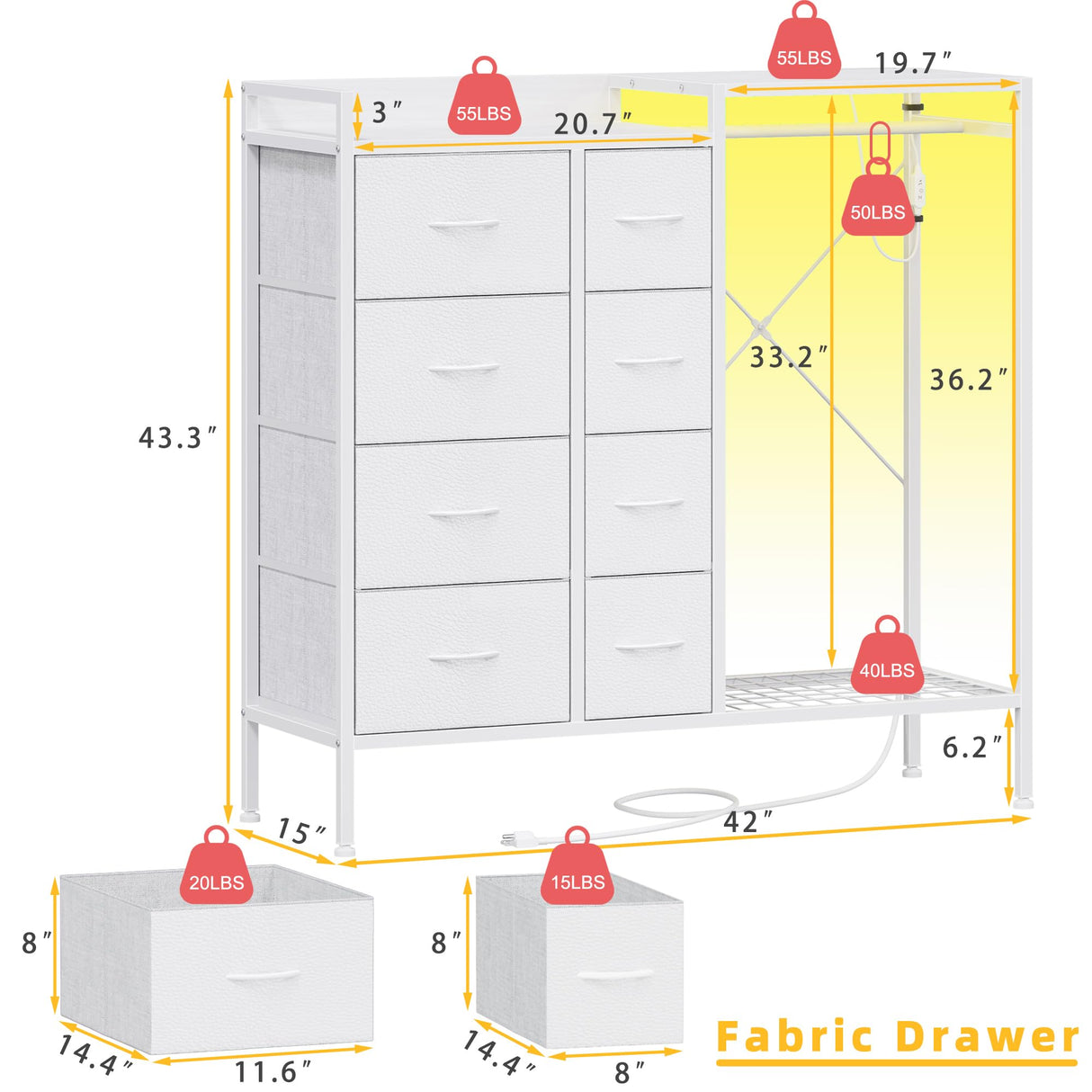HIGDBFE Dresser with Hanging Rack, 8-Drawer Dresser for Bedroom with Charging Station & LED Lights, White Kids Dresser with Clothes Rack&Shoe Rack, Chest of Fabric Drawers for Bedroom, White HIGDBFE