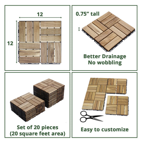 BEEFURNI Acacia Interlocking Deck Tiles (12x12 Pack 20), Acacia Wood Deck Tiles Interlocking Outdoor, Indoor Flooring for Balcony Decor, Backyard, 1-Year Manufacturer Warranty (Natural Wood Color) BEEFURNI