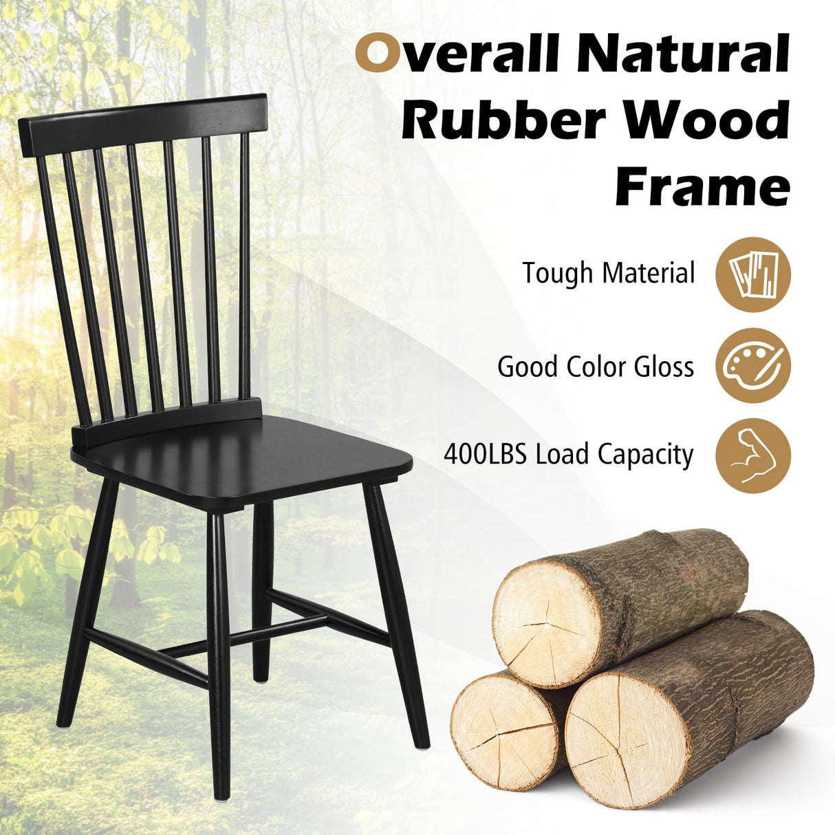 Giantex Wood Dining Chairs Set of 2, Solid Wood Windsor Dining Chair with Wide Seat, Max Load 400 Lbs, Country Wooden Slat Back Dining Room Chairs, Farmhouse Spindle Dining Chairs, Black Giantex