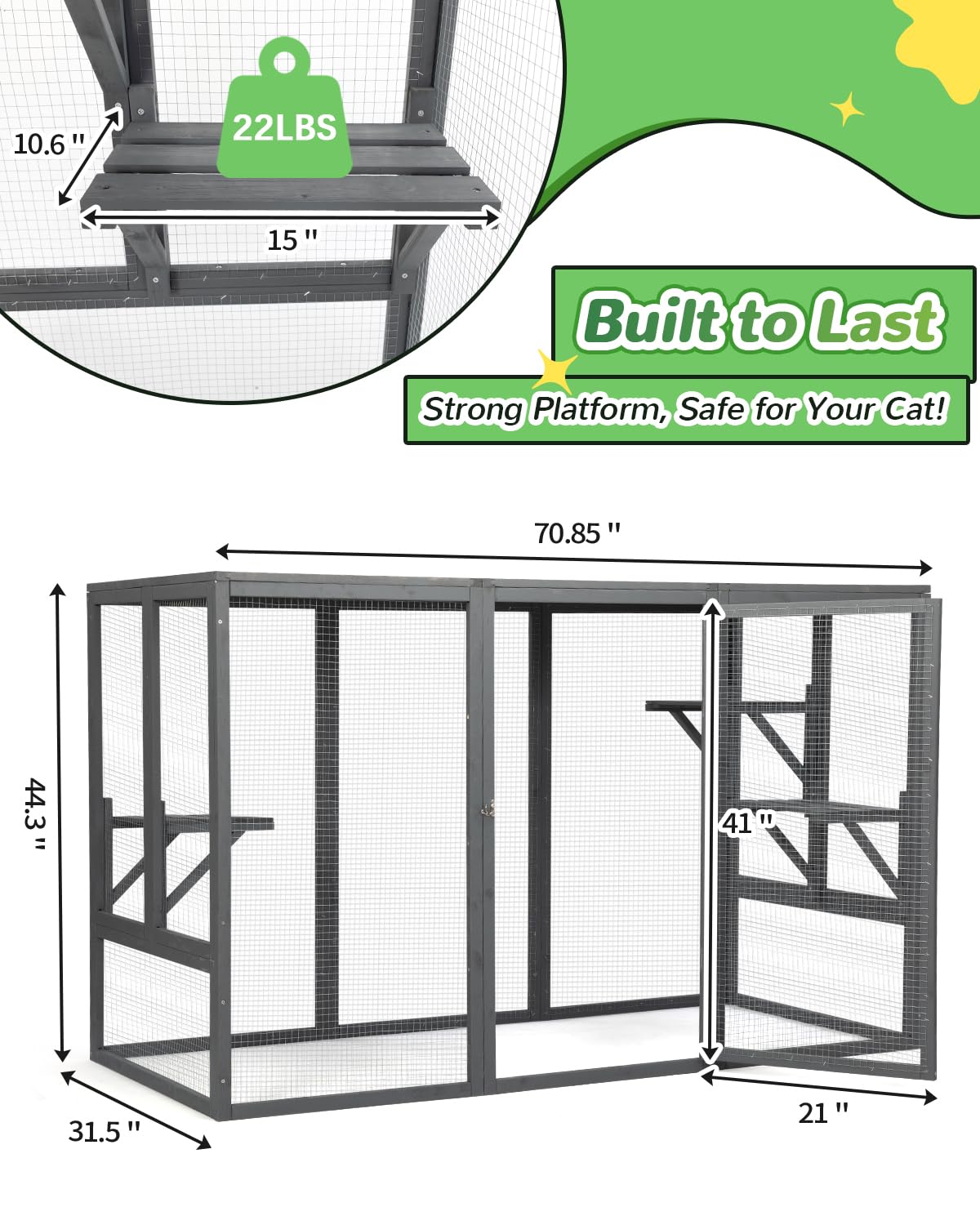 Catio Outdoor Cat Enclosure,71" L Outside Cat House Weatherproof, Wooden Catios for Cats Patio, Cat Houses with 3 Platforms (Grey, Large) - WoodArtSupply