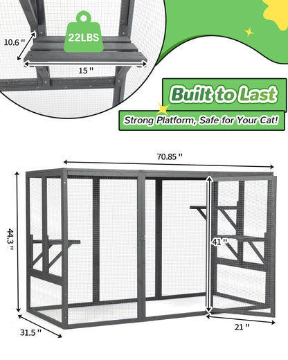 Catio Outdoor Cat Enclosure,71" L Outside Cat House Weatherproof, Wooden Catios for Cats Patio, Cat Houses with 3 Platforms (Grey, Large) - WoodArtSupply