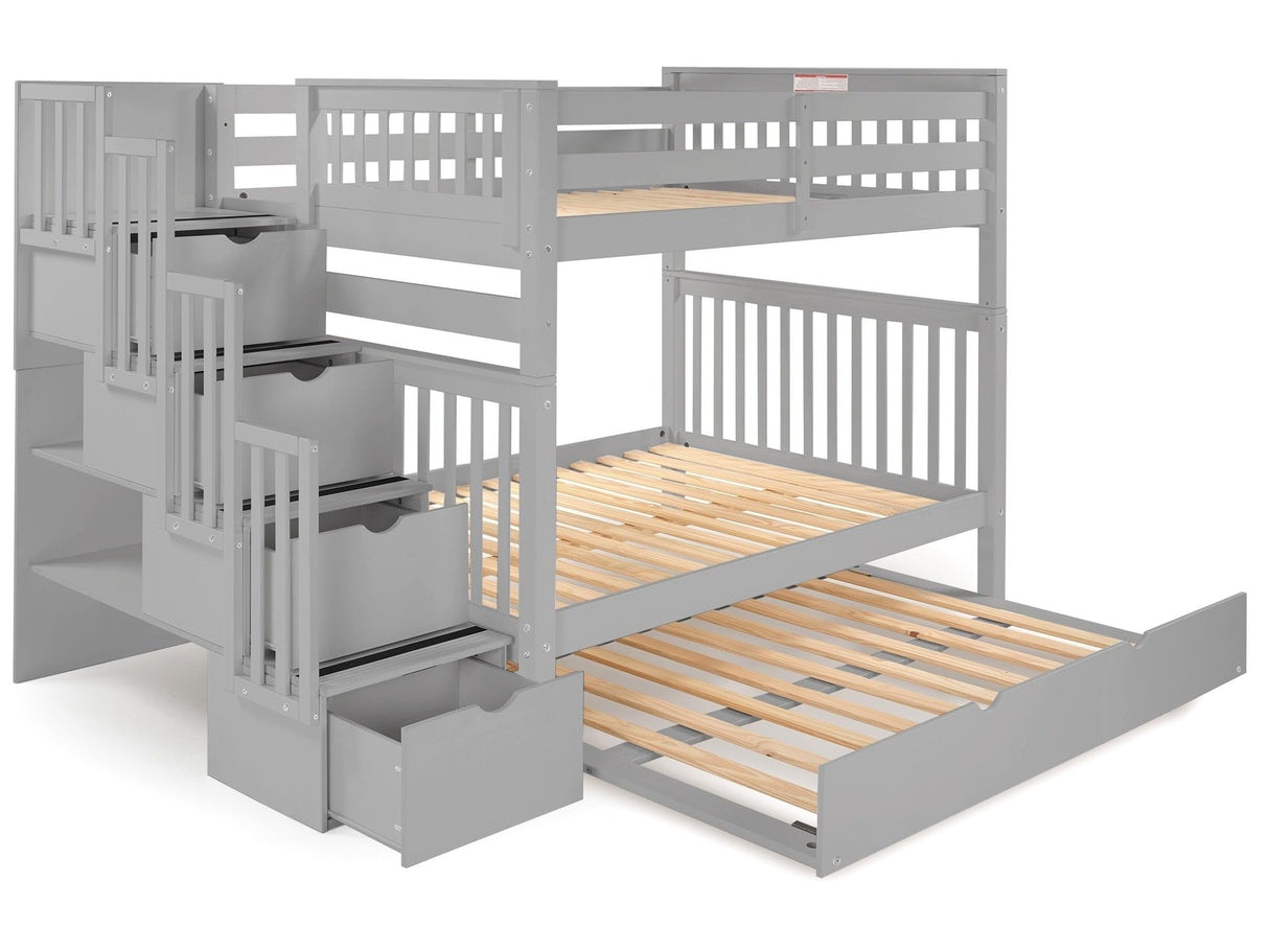 Bedz King Stairway Bunk Beds Full over Full with 4 Drawers in the Steps and a Full Trundle, Gray Bedz King
